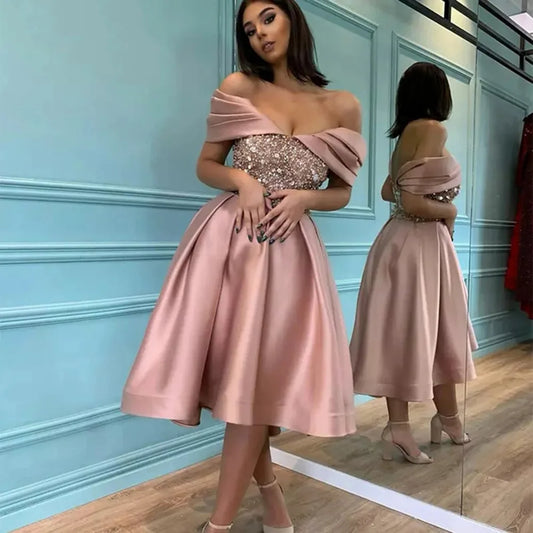 BKLD 2026 New Women's Clothing Spring Midi Dresses Slimming Sequin Off The Shoulder Banquet Evening Dress Party Clubwear