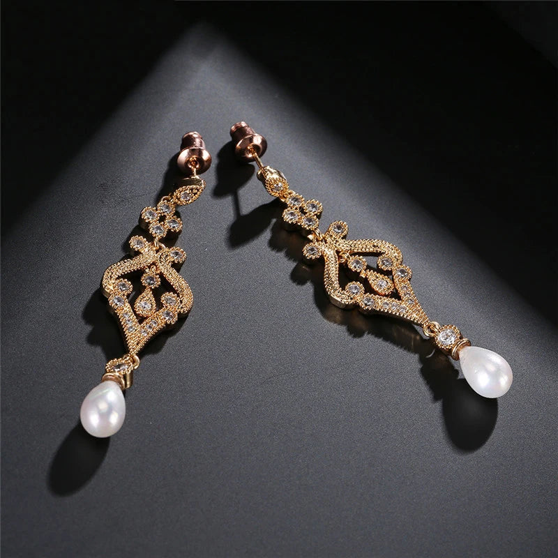 ZAKOL Elegant Simulated Pearl CZ Bridal Long Drop Earrings Fashion Engagement Wedding Jewelry Gifts for Women