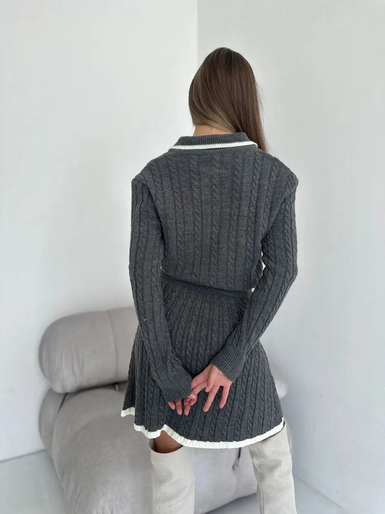 BKLD 2026 New Casual Skirt Sets Long Sleeve Tops Knitted Button Sweater And Mini Skirts Two Piece Sets Clothes For Women