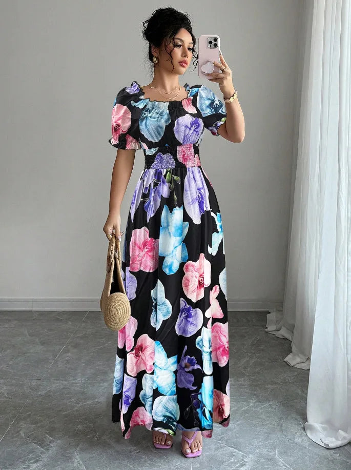 BKLD Women Clothing Summer Floral Print Dress Short Sleeve Square Collar Beach Holiday Outfits Waist Ruched Long Dresses Party