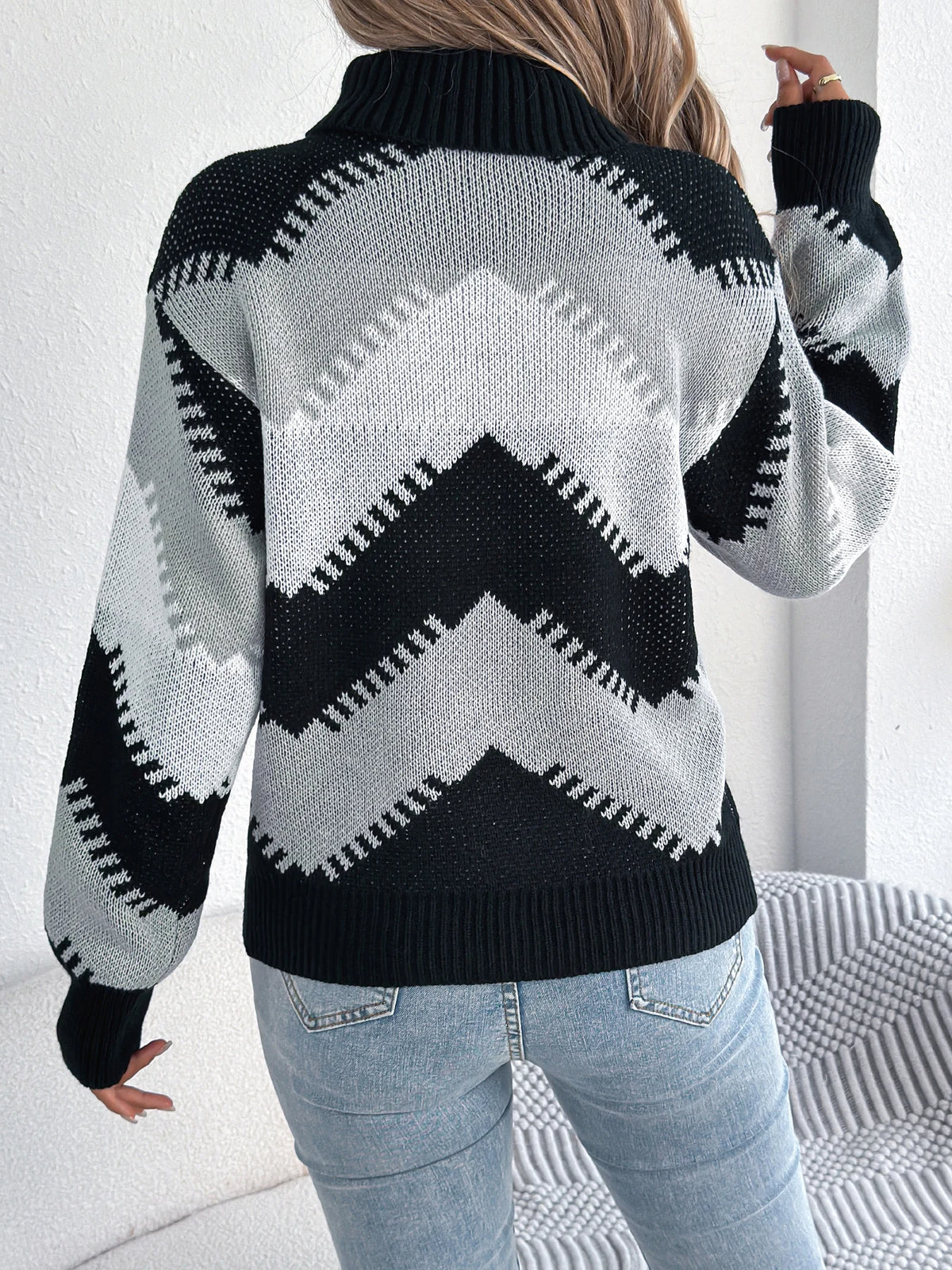 Autumn Winter Casual Turtleneck Color Block Knitted Sweater for Women 2026 Fashion Lantern Long Sleeve Pullover Warm Knitwear