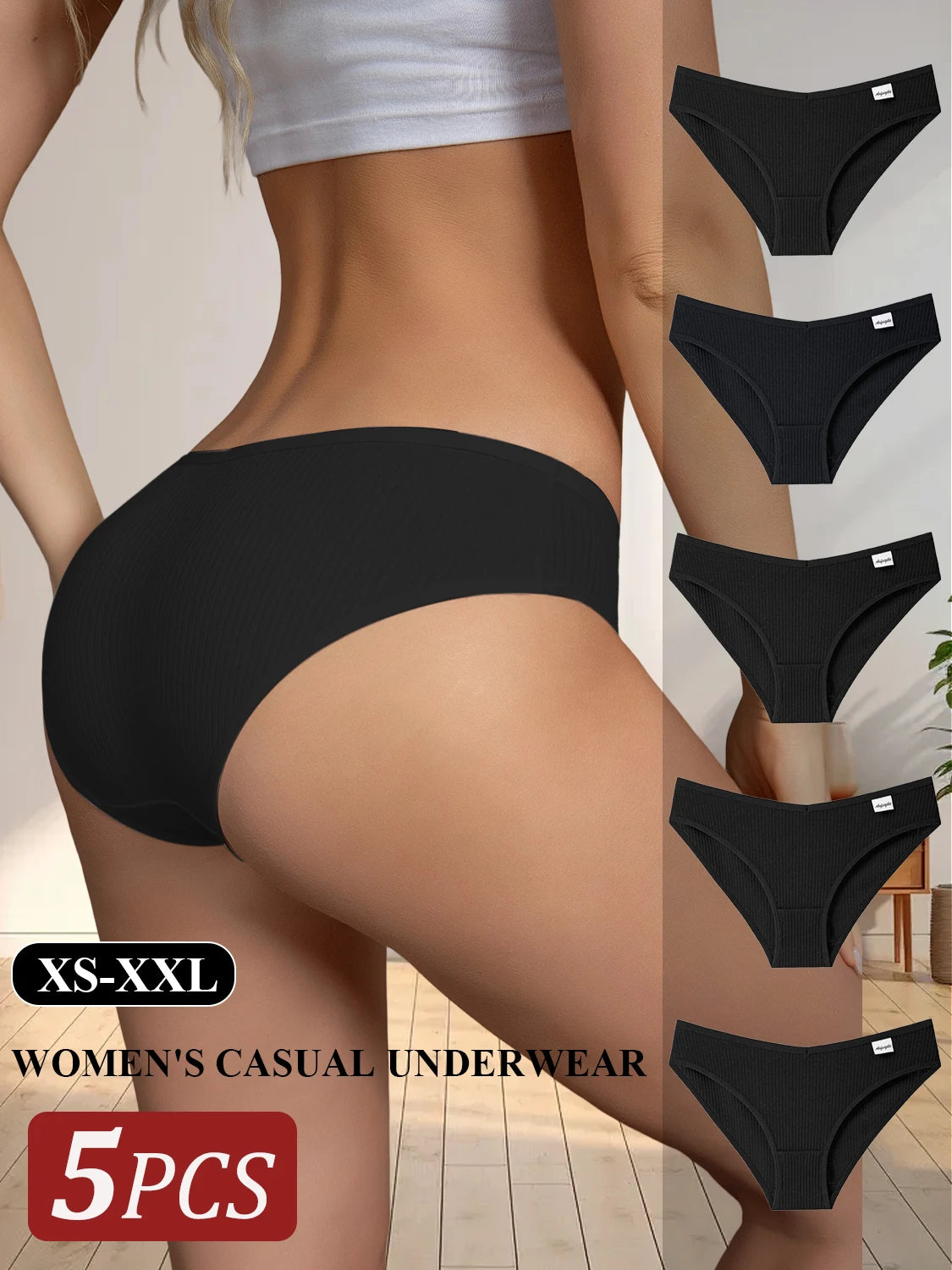 5PCS Black Cotton Women Panties Sexy Low Waist Underpants Girls Solid Color Striped Briefs Lingerie Breathable Underwear XS-XXL