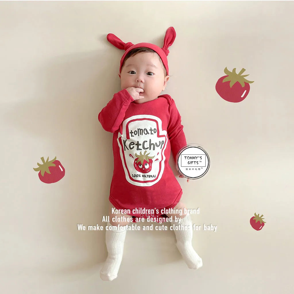 Infant Newborn Romper  Sauce Onesie with Hat Baby Bodysuit Cosplay Baby Twins Red Tomato Ketchup and Yellow Mustard Costume 0-2T