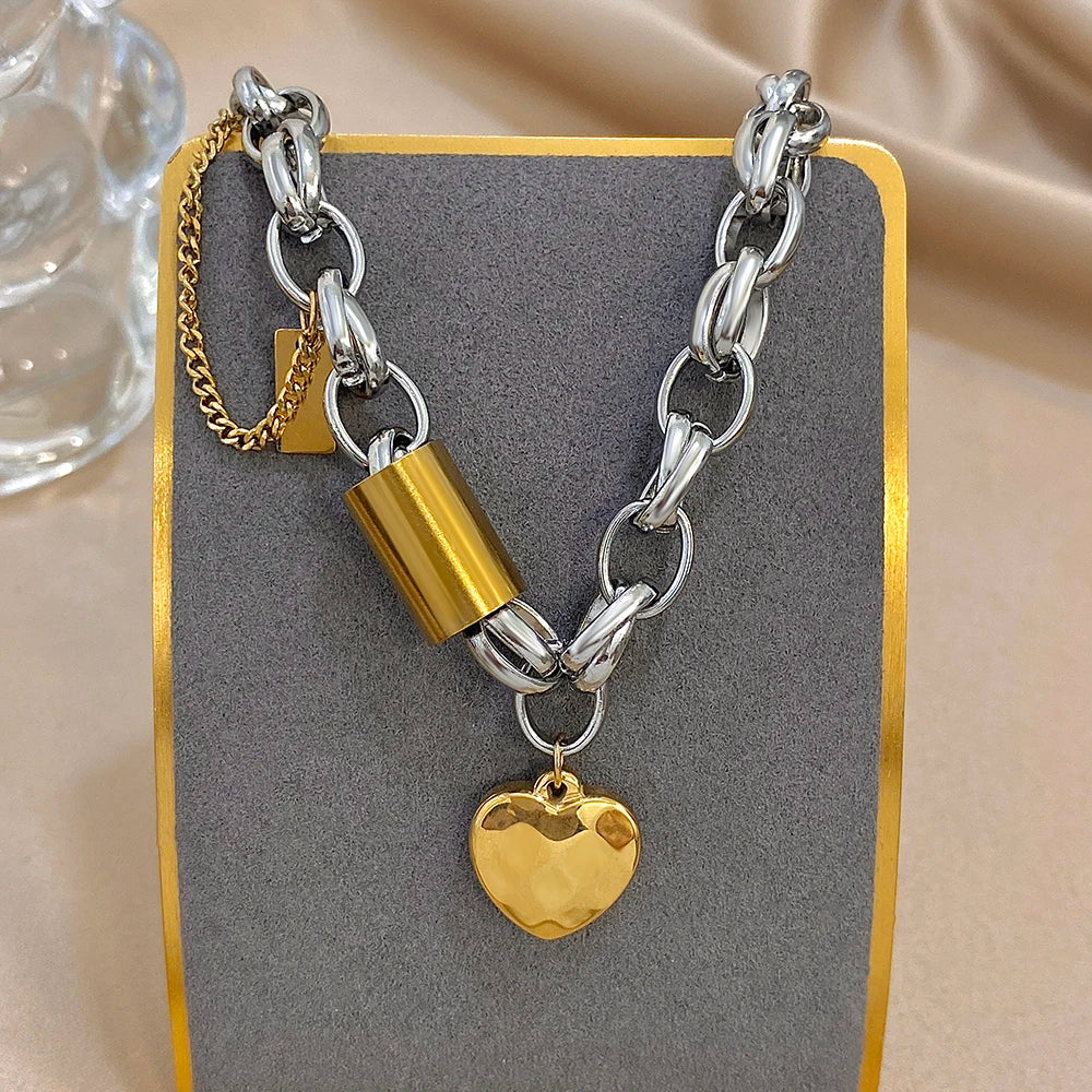 Flashbuy New Punk Chunky Gold Color Thick Chain Stainless Steel Necklace for Women Fashion Design Heart Love Pendant Jewelry