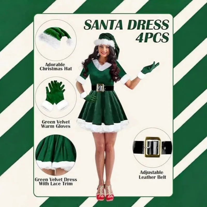4-Piece Santa Claus Costume, Ladies Santa Dress Santa Claus Costume