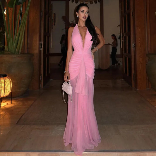 Halter Deep-V neck Ruched Maxi Dress for Women 2026 Summer Sleeveless Backless Draped Dress Female Holiday Beach Bodycon Outfits