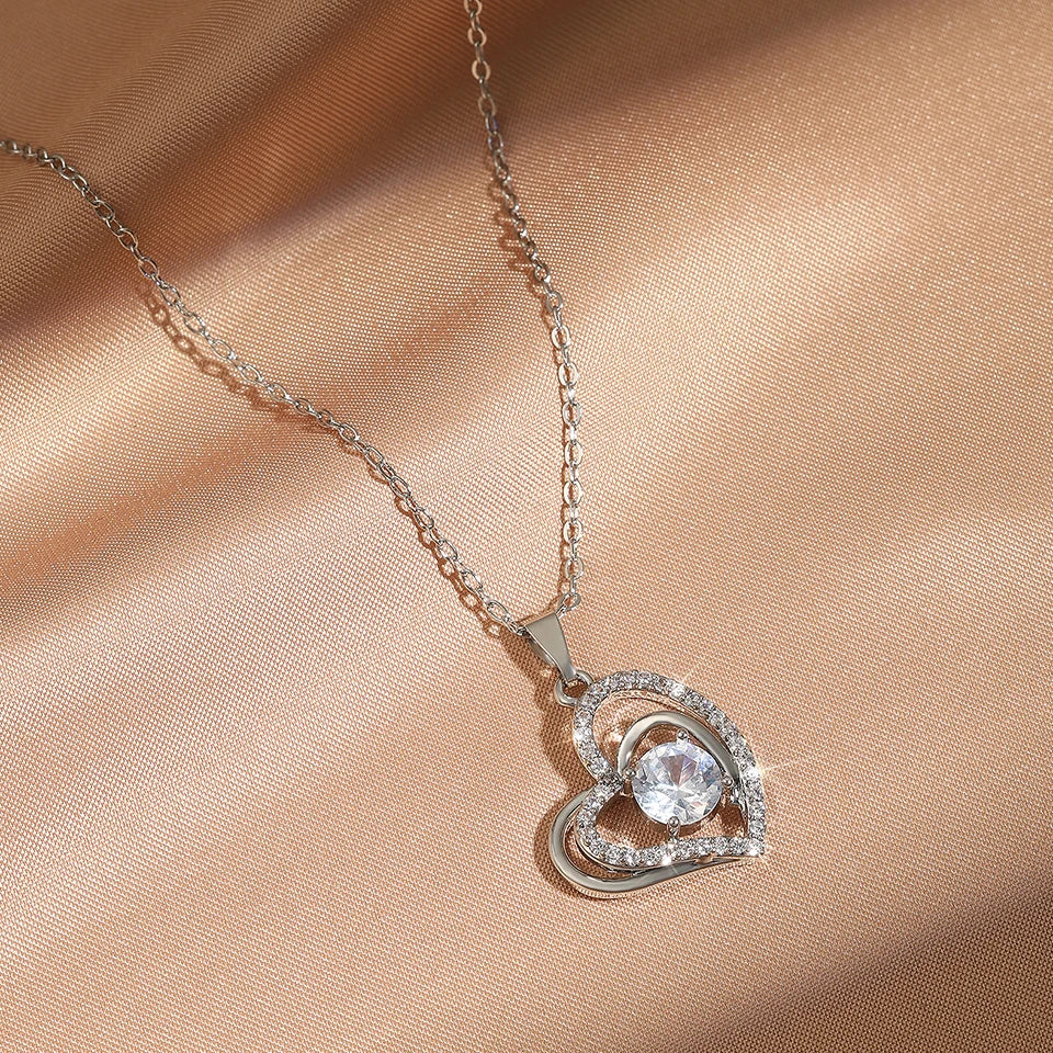 ZAKOL Simple Geometric Crystal White Zircon Pendant Necklace For Women Silver-Color Wedding Party Jewelry Gift With Box