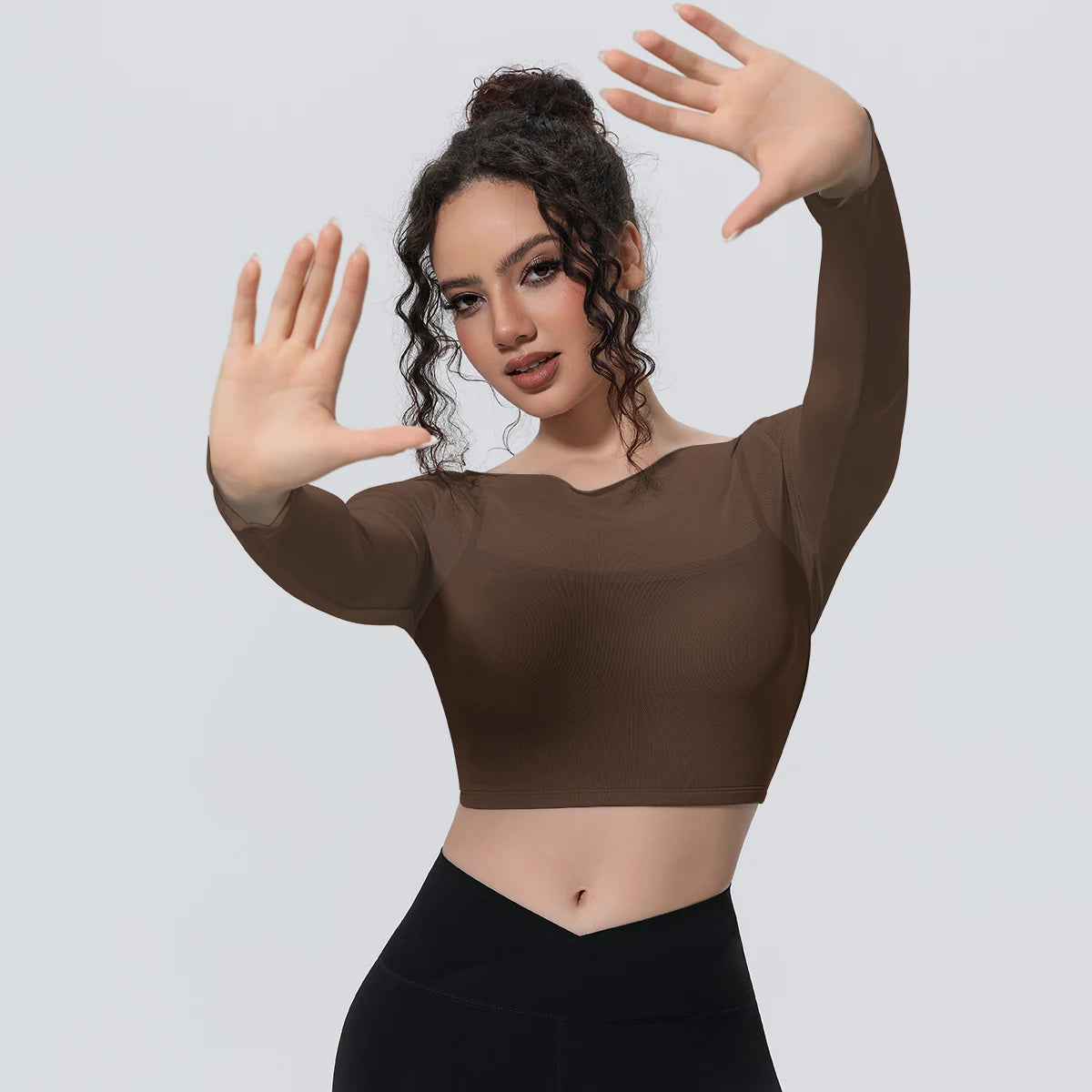 Woman Sports Yoga Long Sleeves Workout Top Solid Color False Two-piece Mesh Running Shirts with Chest Pad Summer Long Sleeves