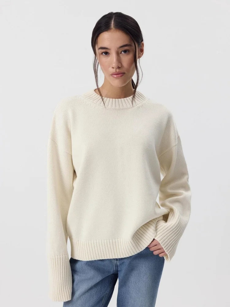 Women's Casual Solid Cotton Pullovers O-Neck Long Sleeve Warm Loose Knitted Top Female Autumn Winter Basic Soft Sweater
