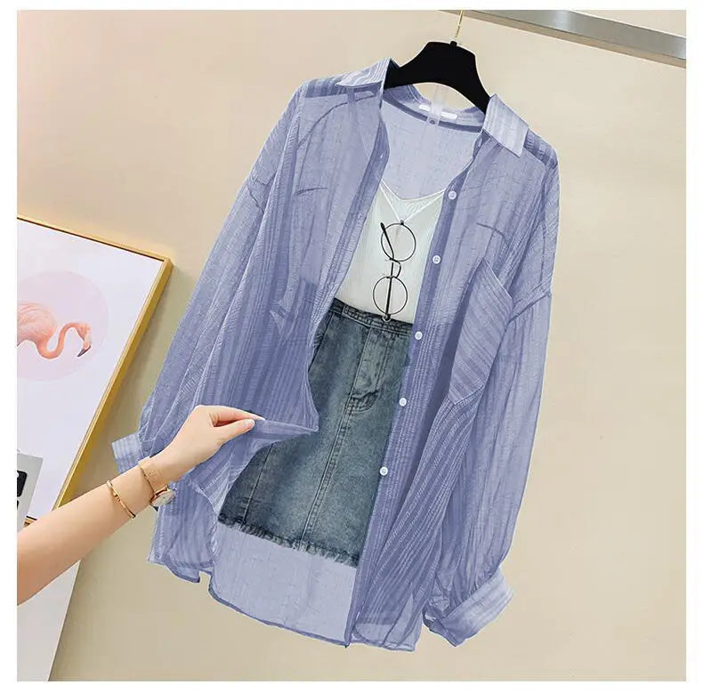 Summer Sunscreen Shirt Elegant Perspective Thin Chiffon Blouse Korean Harajuku See Through Loose Top Casual Women's Cardigan