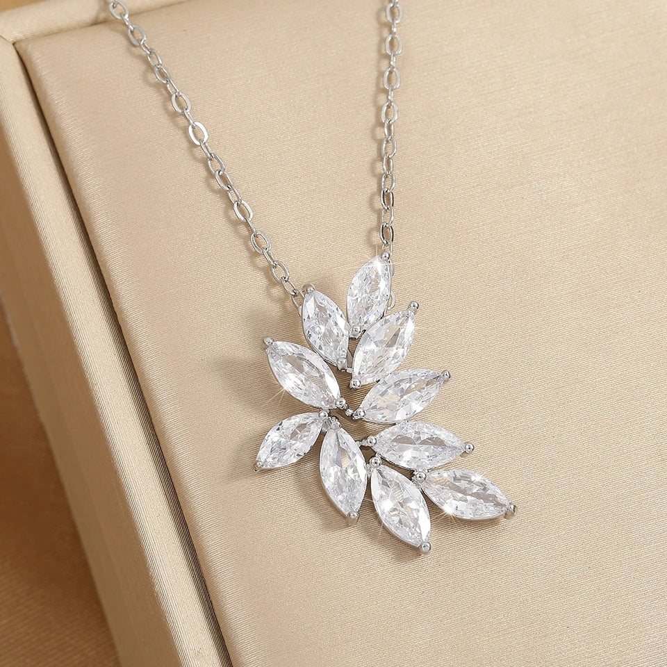 ZAKOL Sliver Color Shining Cubic Zirconia Leaf CZ Pendant Necklace Earrings Set for Women Exquisite Luxury Jewelry Set Gift