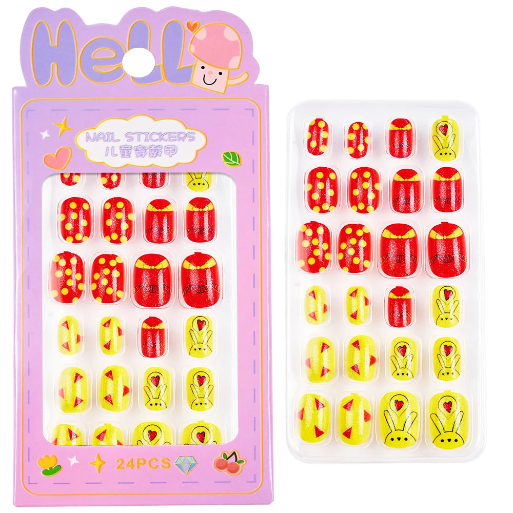 24Pcs/Box Cartoon Heart Bow Rainbow Design Kid Fake Nails Tips Cute False Nail Girls Press on Nails Full Cover Short Fingernails