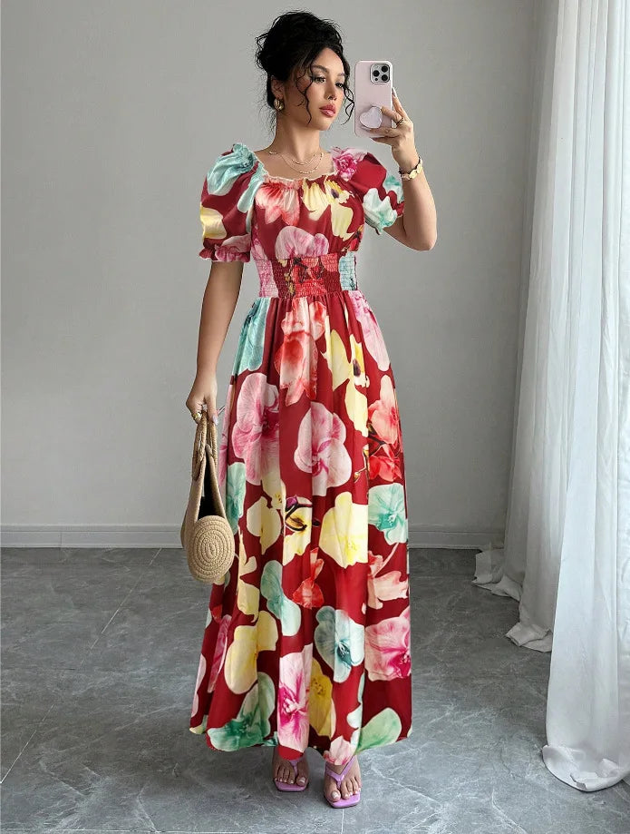 BKLD Women Clothing Summer Floral Print Dress Short Sleeve Square Collar Beach Holiday Outfits Waist Ruched Long Dresses Party