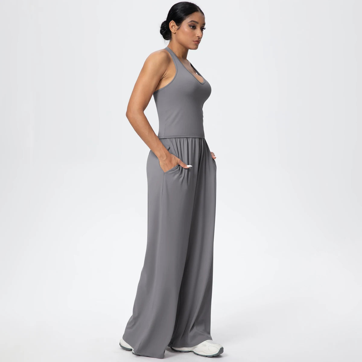 Breathable Loose Wide Leg Pants and Yoga Vest Set Solid Color High Stretch Pockets Pants Beautiful Back T-shaped Vest Yoga Suit