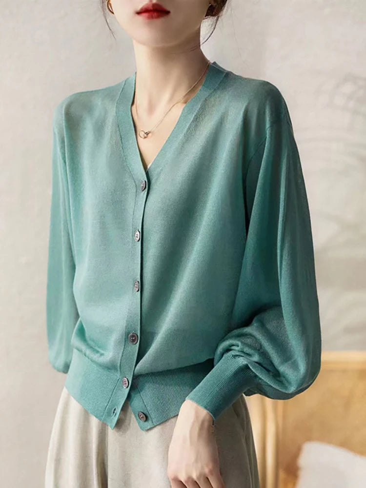 Women Elegant V Neck Single Breasted Thin Sun-proof Cardigan Elegant Korean Knit Simple Solid Sheer Tops Summer Casual Outwear