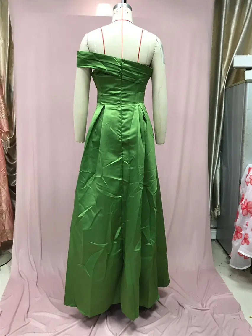 BKLD Solid Color Fashion One Shoulder Satin Dress Birthday Party Fluffy Dress 2026 Autumn Women Clothing Green Split Sexy Dress