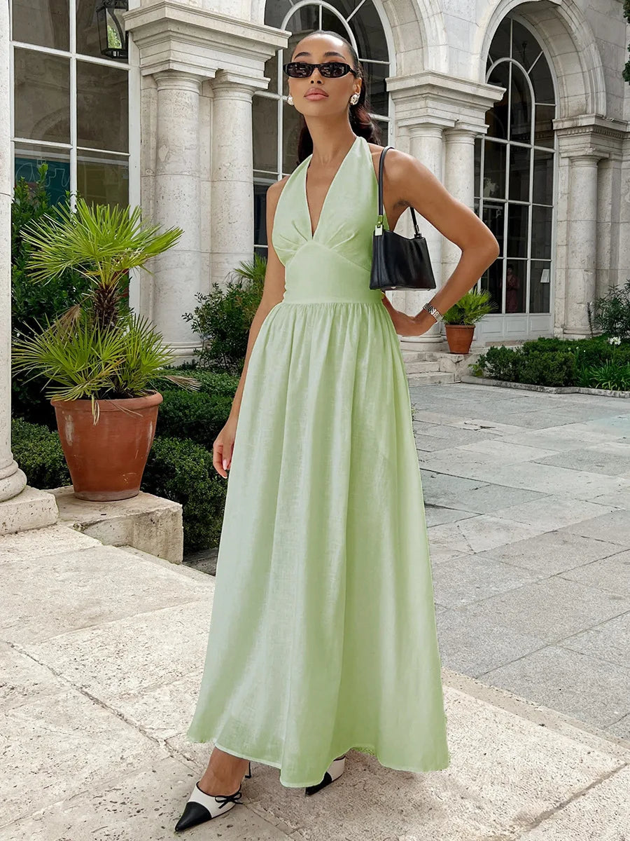 BKLD Pure Cotton Long Dresses 2026 Spring Summer High Waist V-Neck Lace-Up Maxi Dress Party Clubwear Solid Color Women Clothing