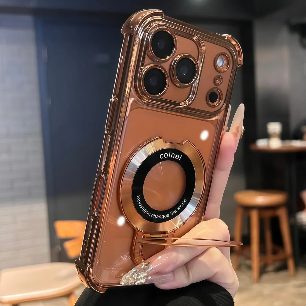 Luxury Plating Magnetic Bracket for Magsafe Clear Case for iPhone 17 16 15 Pro Max 11 12 13 14 Holder Stand Shockproof Cover