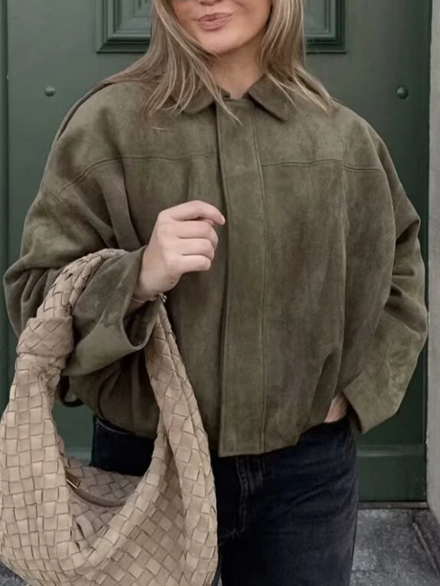 Vintage Suede Texture Bomber Jackets Women's Long Sleeve Loose Coats New Causal Autumn Winter Female Outerwear