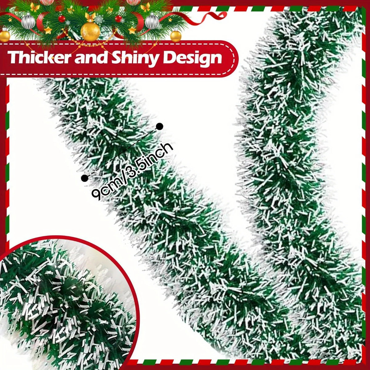 6m Classic Christmas Tinsel Garlands Green & Silvery Glitter, No Power Needed, Perfect for Xmas Tree Decorations