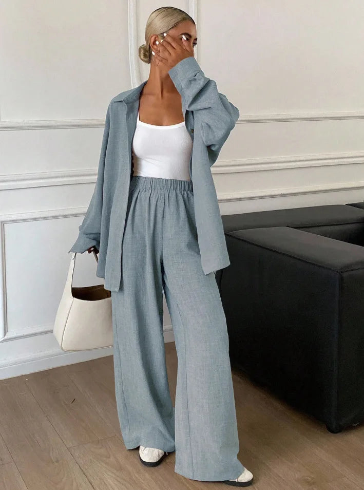 2026 New Women Linen Two Piece Outfit Set Lapel Long Sleeve Button Shirts Elastic Waist Wide Leg Pants Casual Loose Home Suit