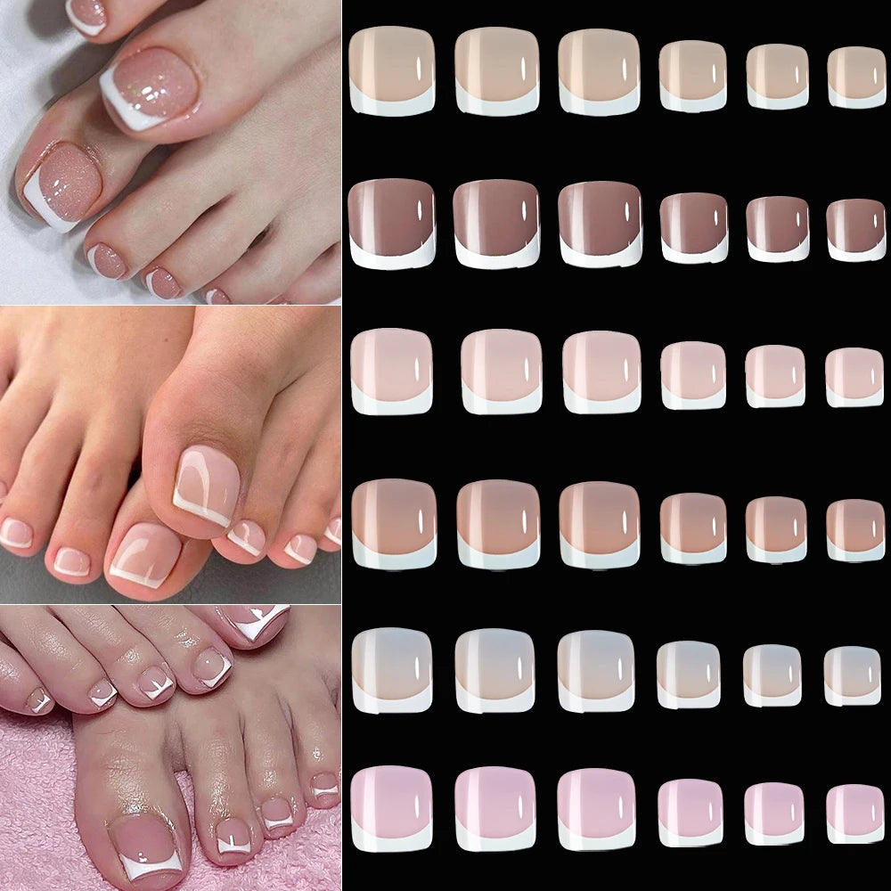 120/100Pcs French White Edge False Toe Nails Acrylic Short Square Full Cover Fake Toenails Summer Wearable Press on Toenails