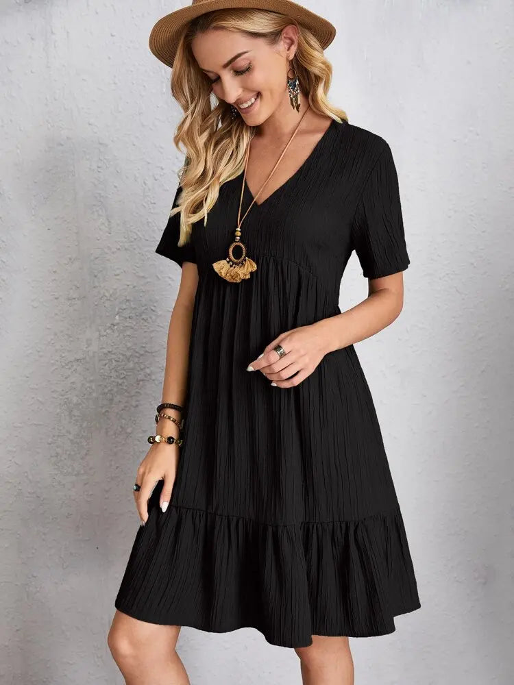 Women Elegant V Neck Ruffles Mini Dress Summer Vintage Solid Loose Sundress Bohemian Casual Solid Beach Party Vestidos