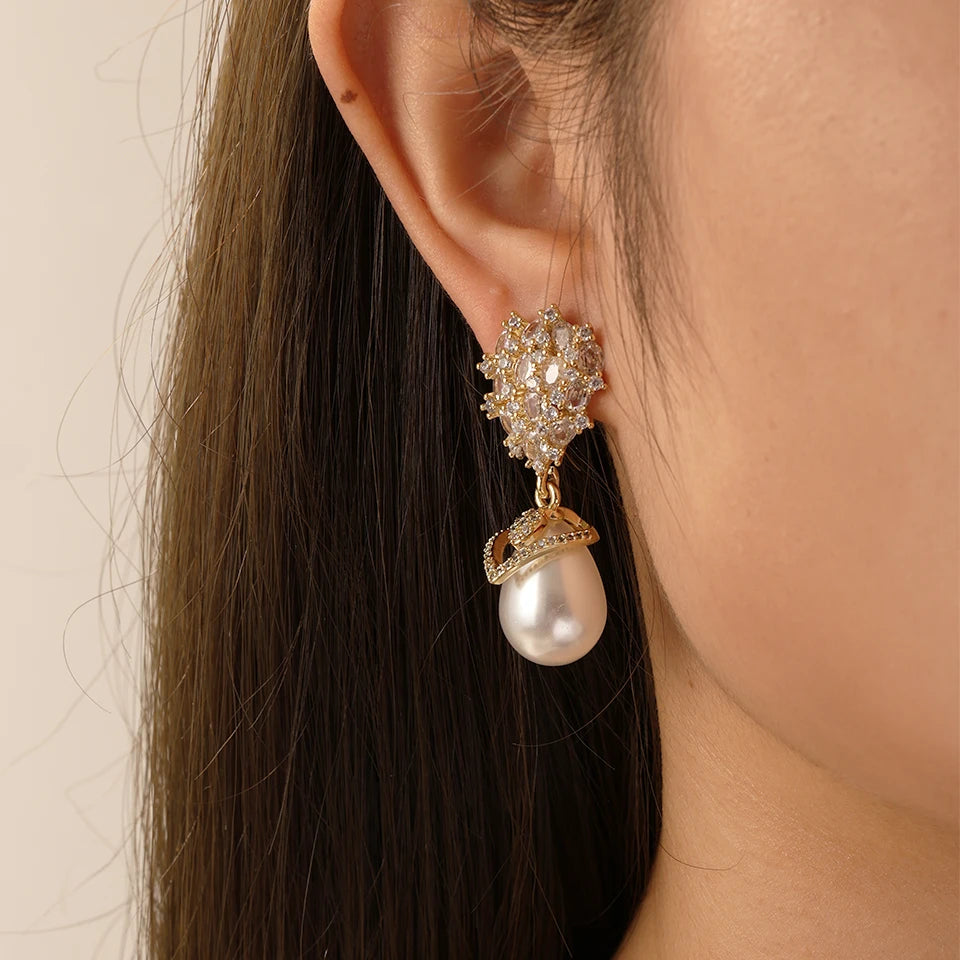 ZAKOL Luxury Big Teardrop Pearl Drop Earrings for Women Elegant Flower Shiny Zircon Wedding Party Jewelry Gift