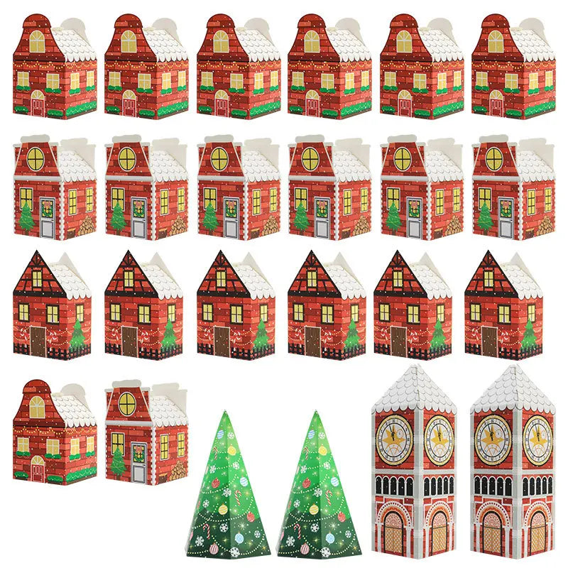 24pcs Christmas Village Paper Gift Boxes, House And Clock Tower Shaped Xmas Decorative Gift Containers,for Christmas Party Decor