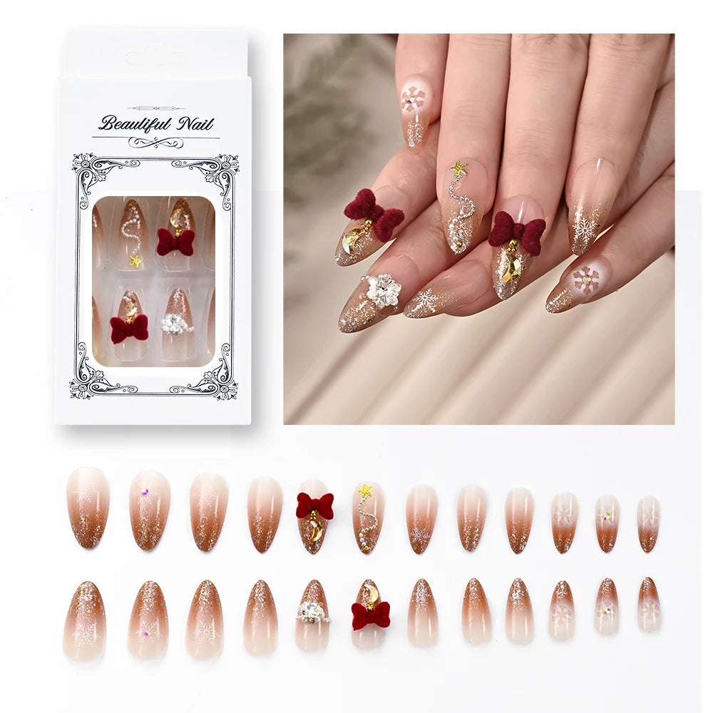 24Pcs Glitter powder French Christmas Fake Nails Almond Full Cover False Nails Snowflake with Bowknot Rhinestone Press On Nails