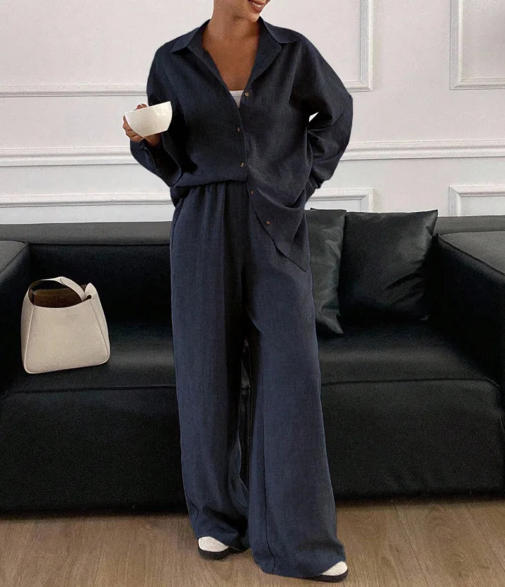2026 New Women Linen Two Piece Outfit Set Lapel Long Sleeve Button Shirts Elastic Waist Wide Leg Pants Casual Loose Home Suit