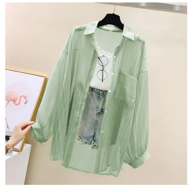 Summer Sunscreen Shirt Elegant Perspective Thin Chiffon Blouse Korean Harajuku See Through Loose Top Casual Women's Cardigan
