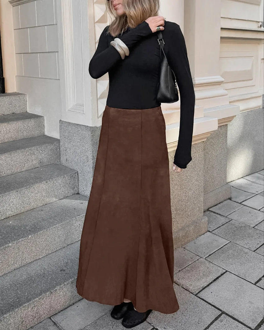 BKLD Autumn And Winter Retro New Fashionable Suede Fabric Brown Slimming High Waist Straight Skirt Casual Long Skirts For Women
