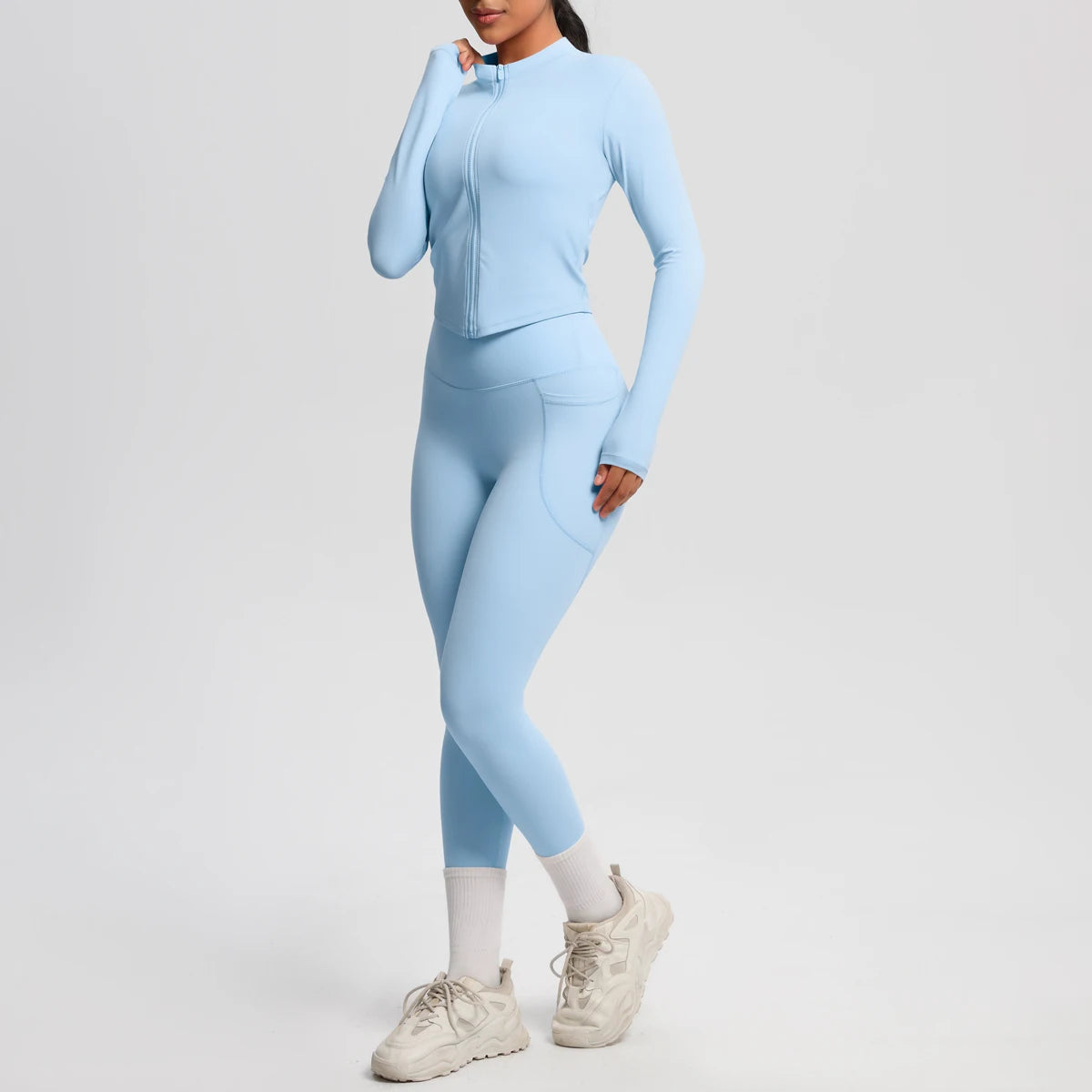 2PCS Yoga Suit Women Gym Set Leggings With Pocketed Women Tracksuit Running Zipper Workout Sportswear Long Sleeve Sports Shirt