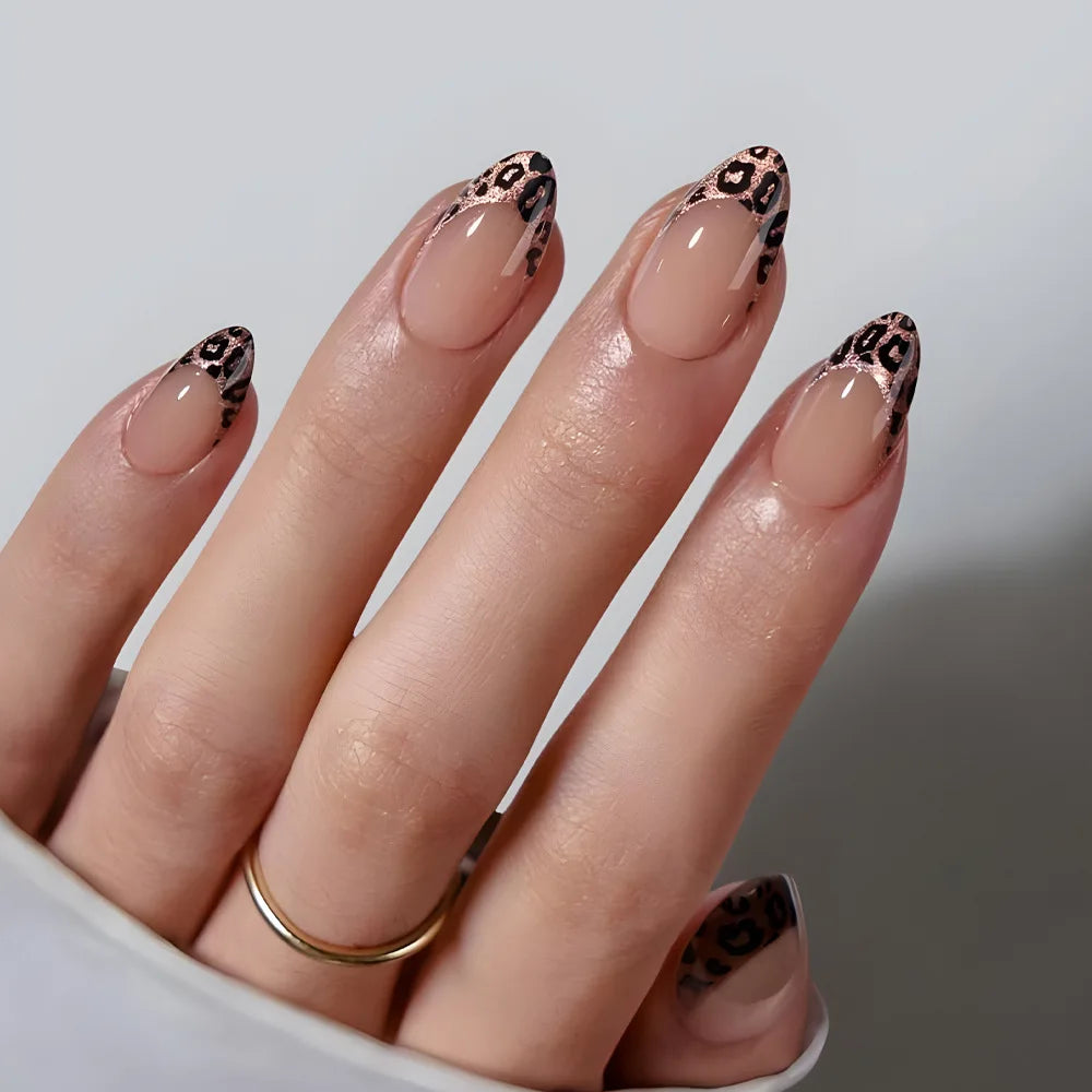 24Pcs Brown Leopard Print Pattern False Nails Press on Long Stiletto Acrylic Manicure Detachable Spice Cool Nails Set for Women