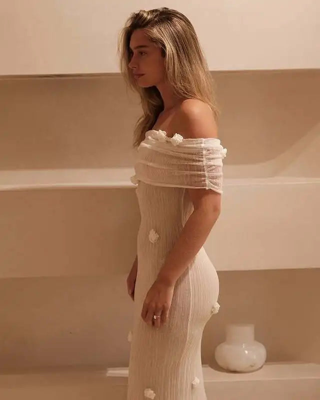 Elegant 3d Flower Off Shoulder Maxi Dress Sleeveless Perspective Pleated Slim Solid Color Robes 2026 Fashion Evening Party Gowns