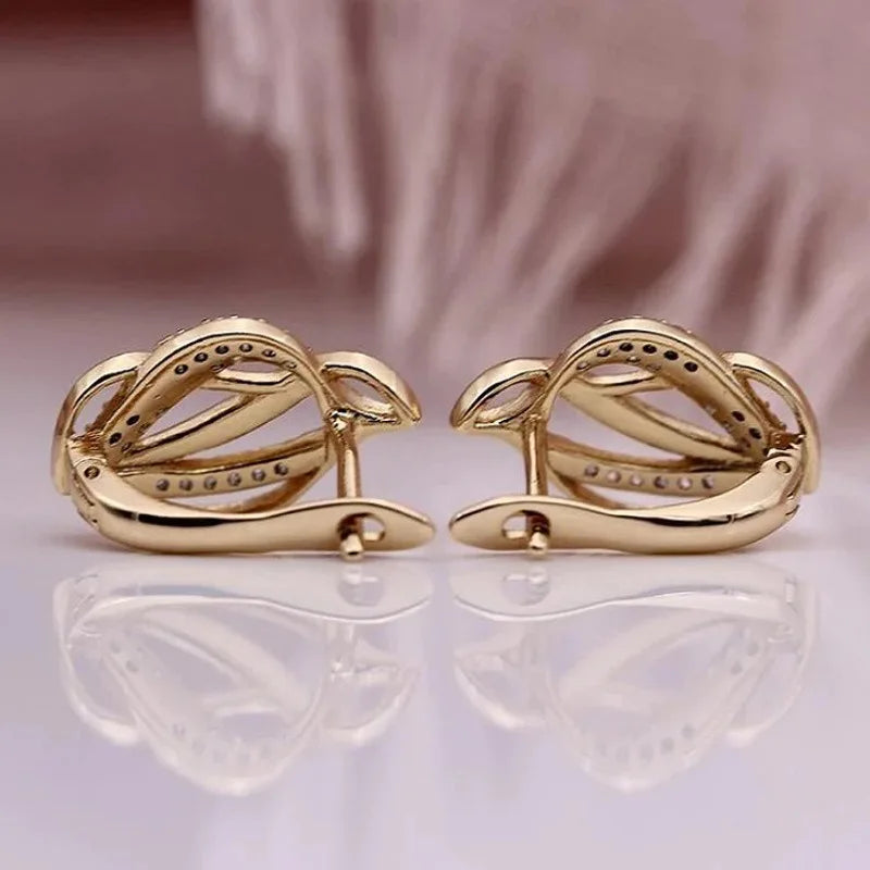 Simple Leaf Shape Hollow Stud Earring For Women AAA Zircon Gold Color Plated Ear Accessories Jewelry Gift