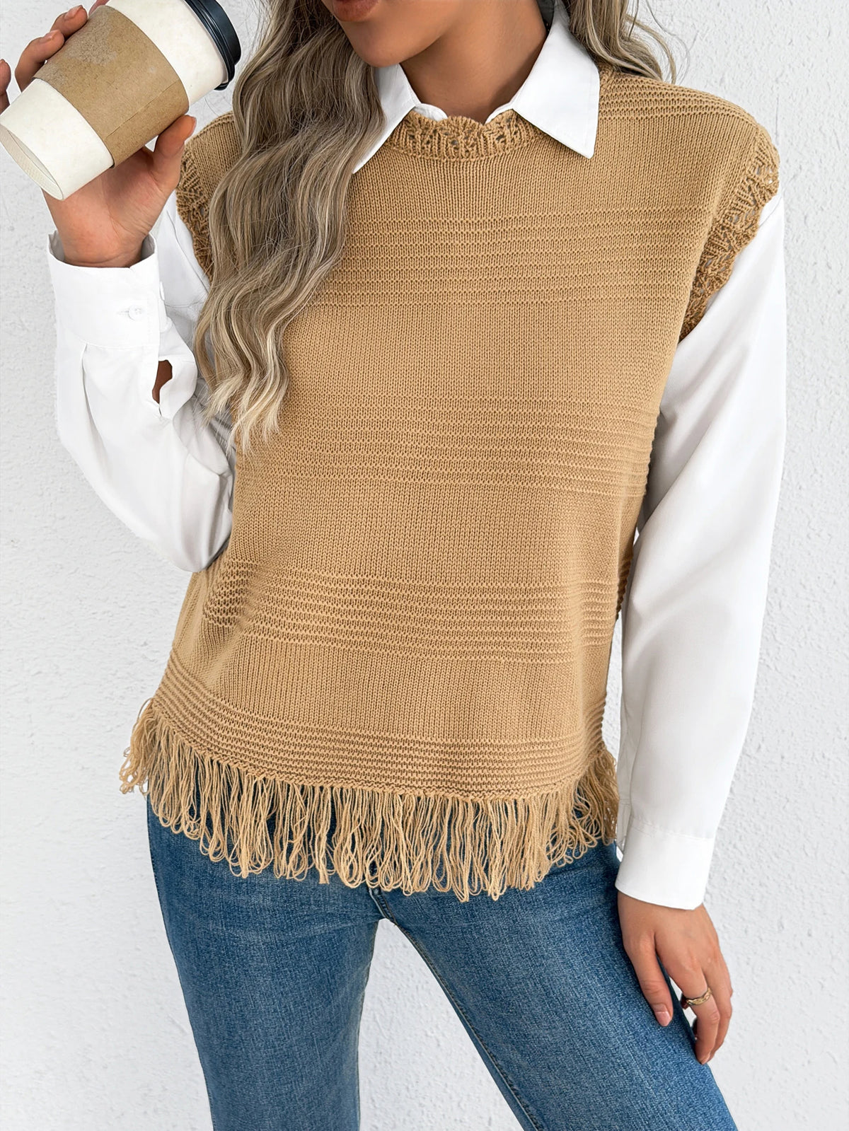 2026 Casual Round Neck Sleeveless Tassel Knit Sweater Vest for Spring Summer and Autumn Style Women Clothes Red Apricot Khaki