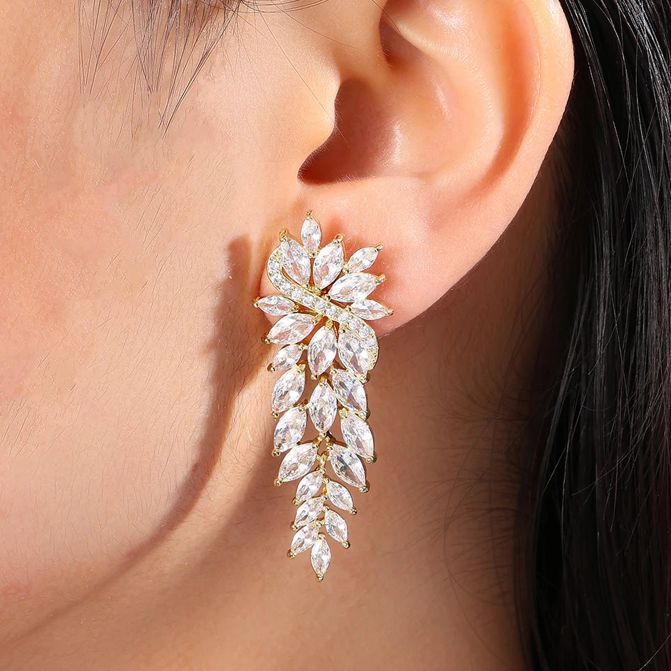 ZAKOL Gorgeous Marquise CZ Wedding Prom Jewelry White Cubic Zirconia Leaf Long Dangle Earrings for Brides Party
