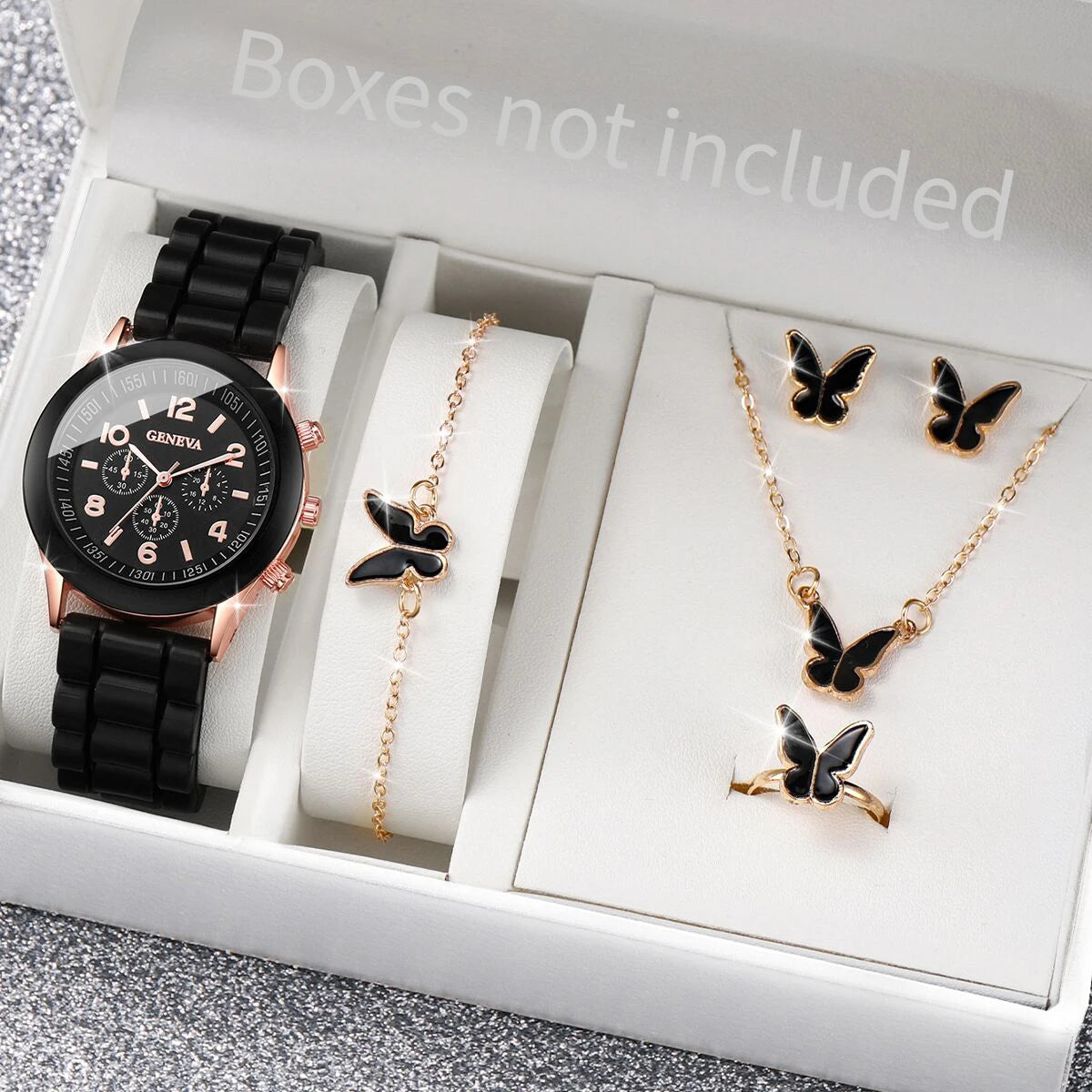 5/6PCS Women's Watch Casual Silicone Band Quartz Watches Butterfly Jewelry Set(Without Box)
