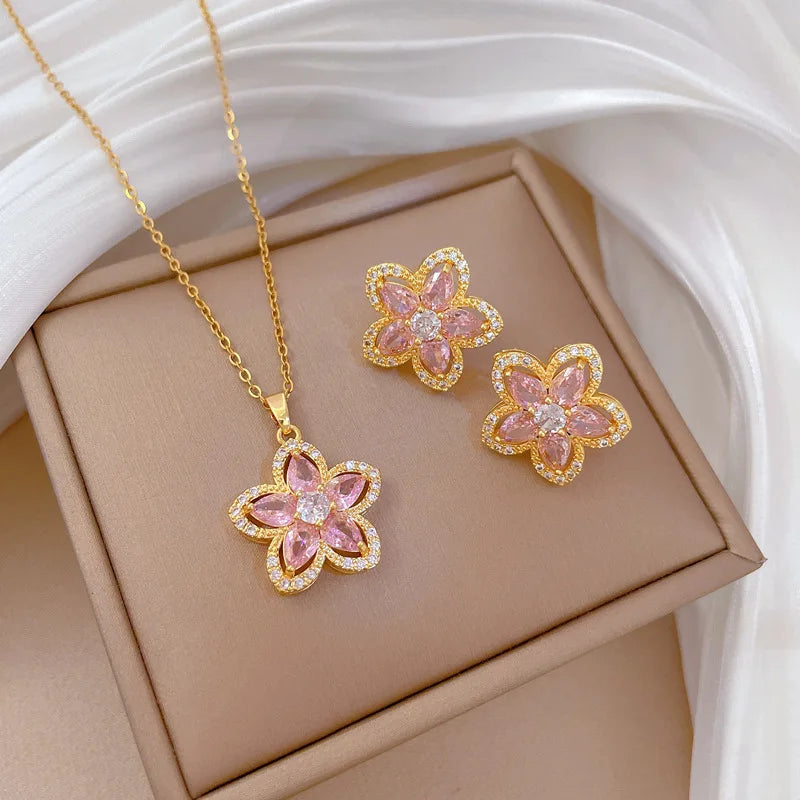 ZAKOL Stainless Steel Chain Luxury Sweet Pink Crystal Flower Necklace Stud Earrings Jewelry Set Accessories Gifts for Women