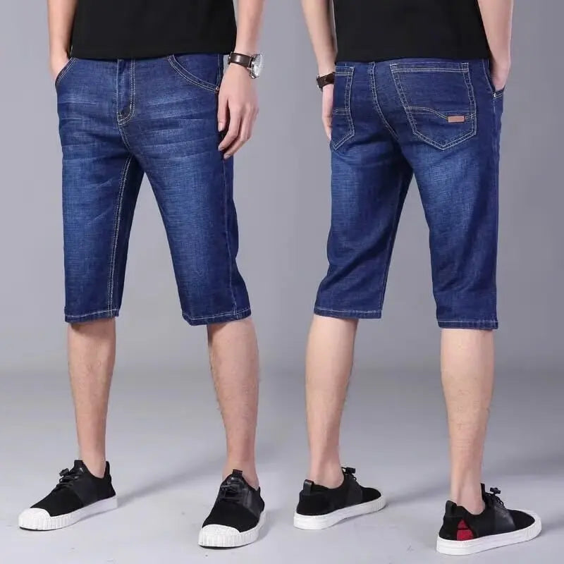New Big Size Long Length Men's Shorts Loose Stretch Jean Bermuda Male Thin 3/4 Capris Summer Light Large Plus Fat Denim Breeches