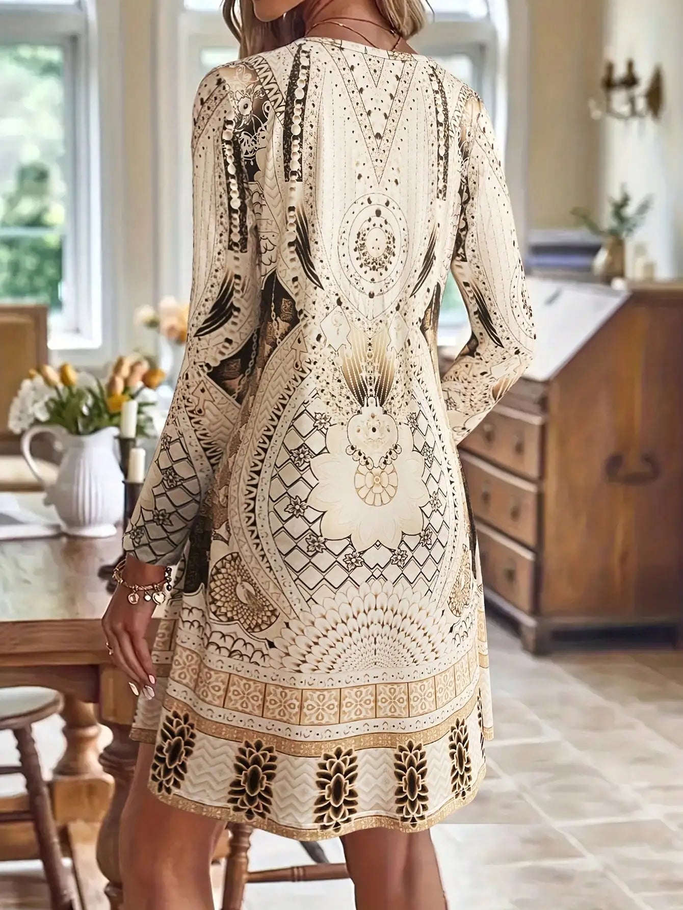 New printed long sleeved dress for spring women's casual round neck dress,casual fall dress, casual everyday sundress