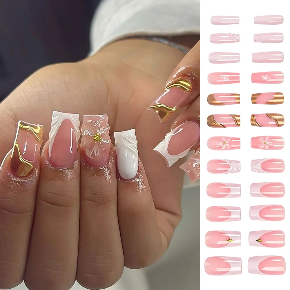 24Pcs Sweet Medium Square French False Nails Blush Pink Flower Full Cover Fake Nails Extension Acrylic Wearable Press on Nails