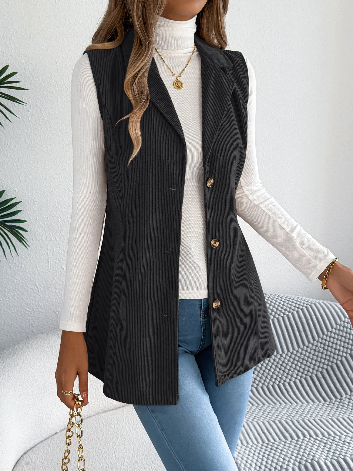 Autumn Winter Corduroy Coat Women 2026 Casual Solid Color Single Breasted Lapel Sleeveless Jacket Khaki Red Black Woman Clothing