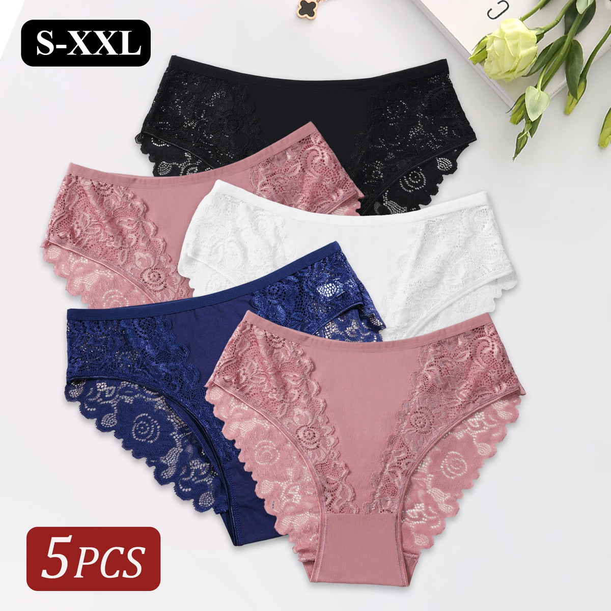5PCS Women's Underwear Elegant Lace Floral Embroidery Sexy Panties Solid Color Mid Waist Briefs Breathable Female Lingerie