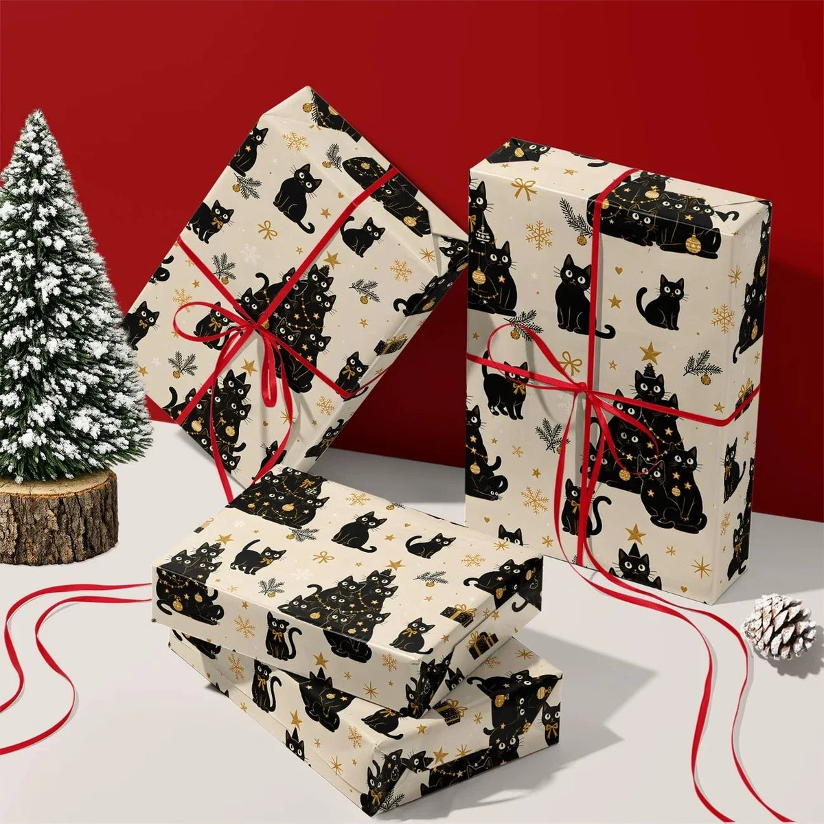 Black Cat Christmas Wrapping Paper Roll, Cute Cat Tree Pattern with Gold Snowflakes Stars Gifts, Beige Background Xmas Gift Wrap