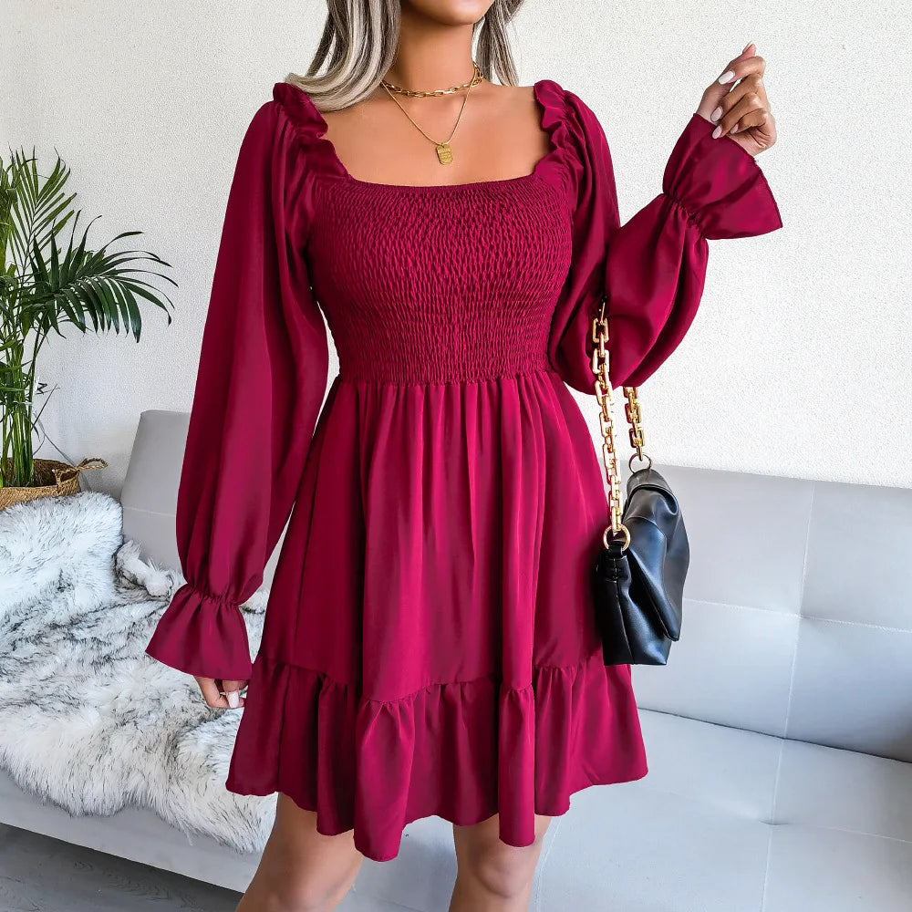 Spring Summer Casual Solid Color Square Neck Flared Long Sleeve Ruffled Dress Red Orange Green Black 2026 Fashion Woman Clothing