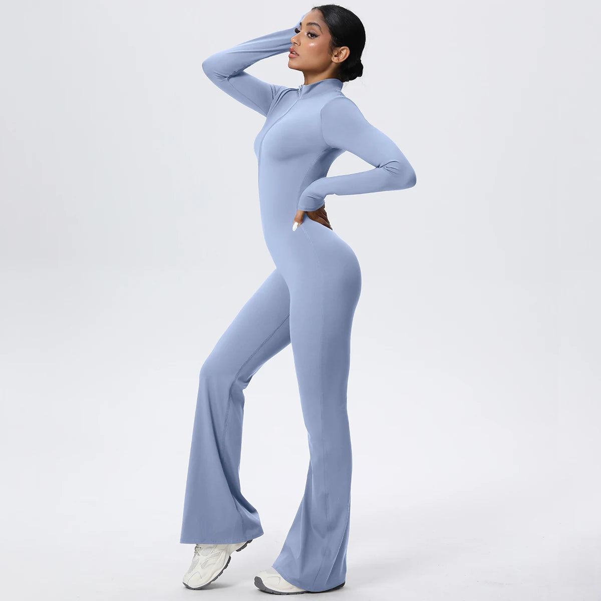 Woman's Fitness Yoga Bodysuit Solid Color Yoga Zipper Long Sleeves Trousers Gym High Strength Exercise Sports Bodysuit Leggings