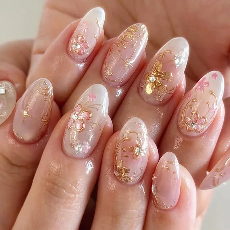 24Pcs Wine Red Almond Bow Heart Designs Press on Nails Glitter Cat Eye Diamond Nail Patch Wearable Elegant Full Cover Nail Tips